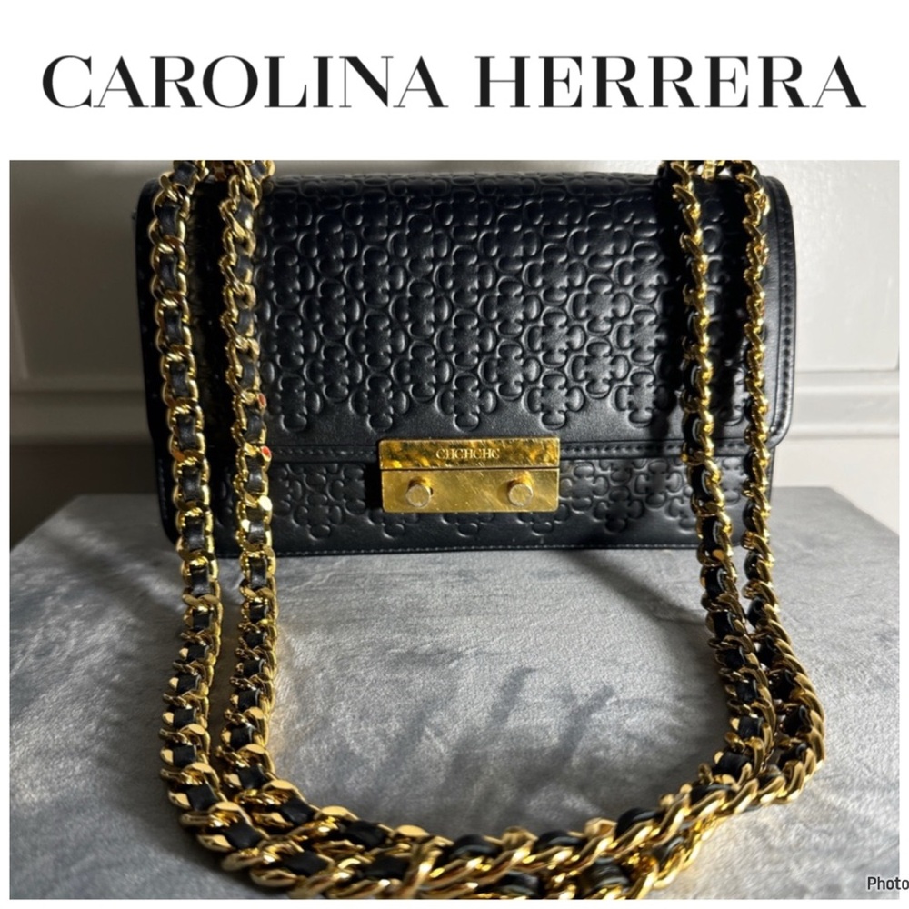 CH Carolina Herrera Black Leather Flapbag Crossbody with Gold hardware